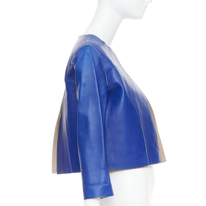 MARNI cobalt blue beige lined lamb leather rounded sleeve cropped jacket IT38 XS