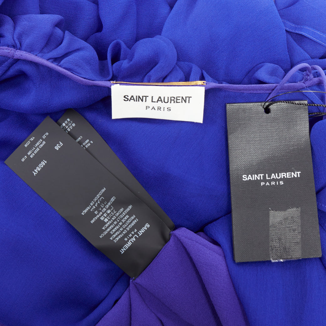 SAINT LAURENT 2020 Runway Majorelle cobalt blue silk ruffle wrap dress FR36 S