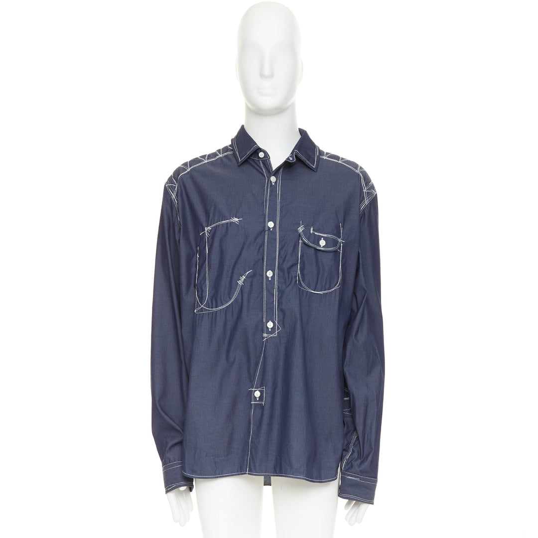 JUNYA WATANABE MEN 2024 navy white cotton twill contrast stitch work shirt XL