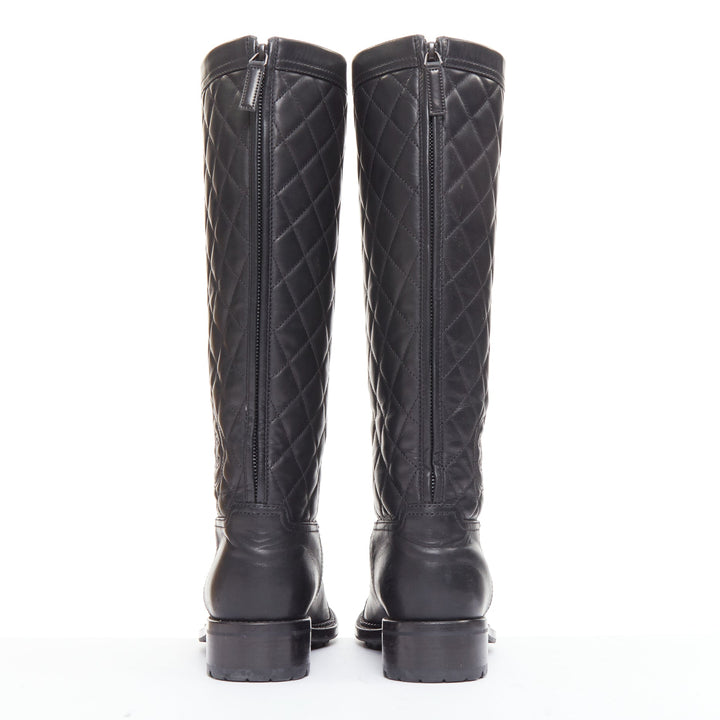 CHANEL black leather quilted CC logo stamp round toe riding boots EU38