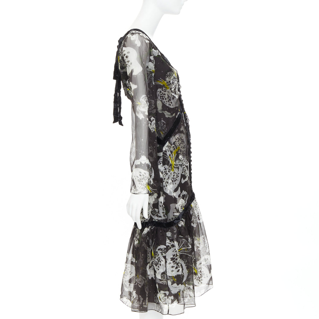 ERDEM 2016 Makayla black grey 100% silk floral back cut out  dress UK6 XS