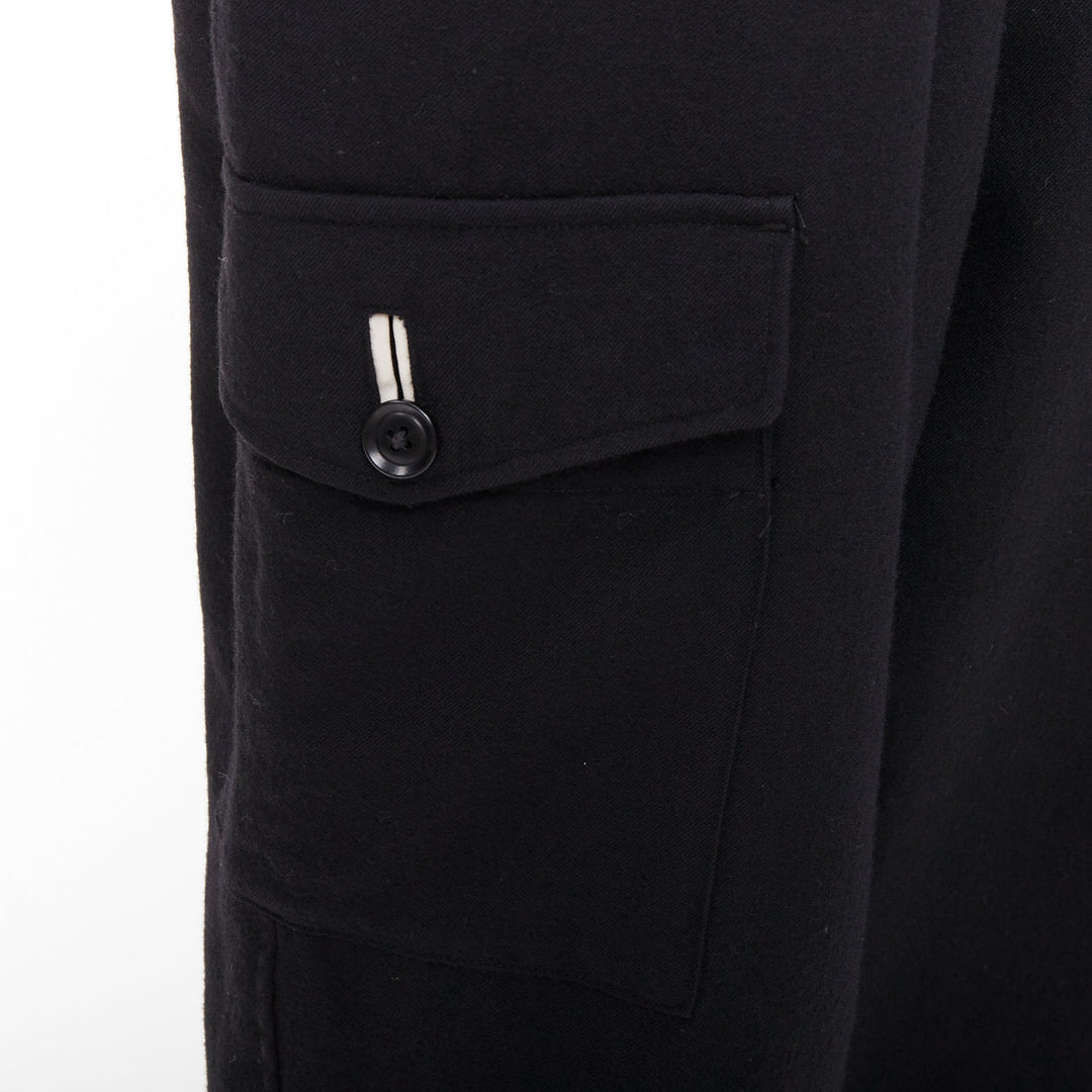 YOHJI YAMAMOTO black wool white cotton trim buttons wide leg pants JP3 L