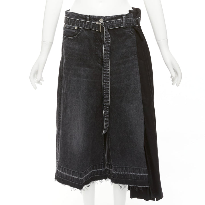 SACAI 2020 black cotton wool nylon denim pleats deconstruction shorts JP3 L