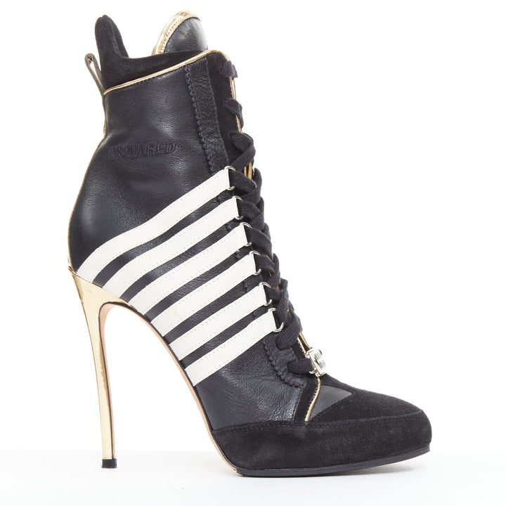 rare DSQUARED2 Vintage black white striped gold heel sneaker boots EU37