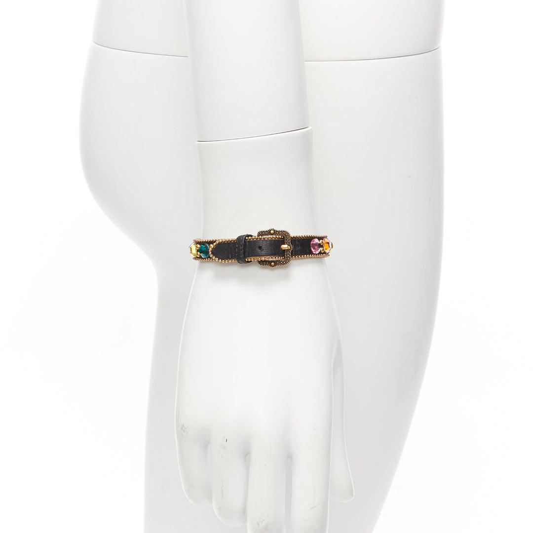 GUCCI gold GG log rainbow crystal embellished black leather bracelet