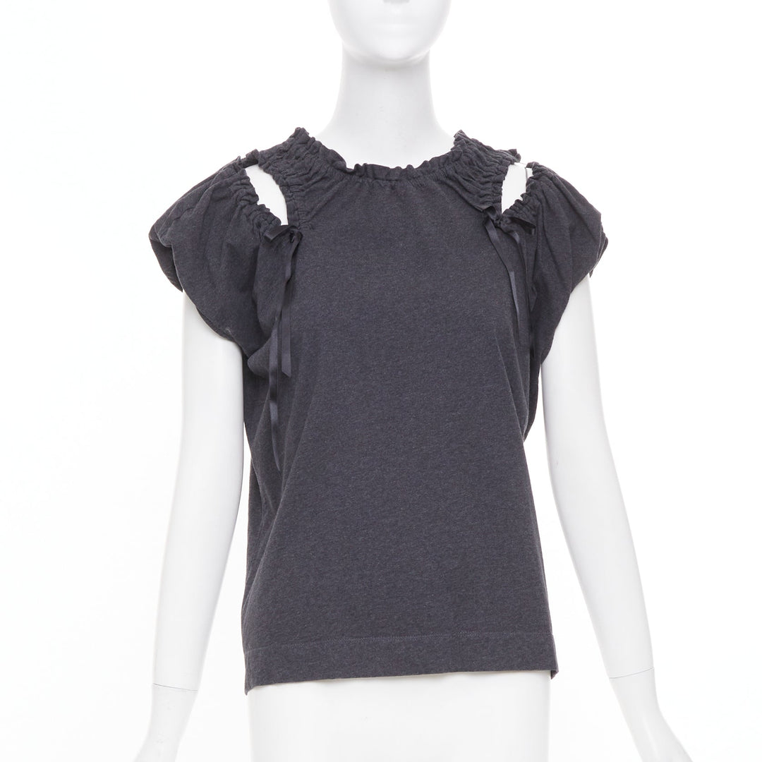 SIMONE ROCHA gray cold shoulder ruched ribbon detail puff sleeve cotton top S