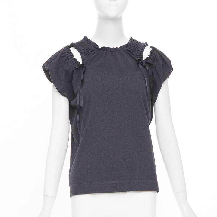 SIMONE ROCHA gray cold shoulder ruched ribbon detail puff sleeve cotton top S