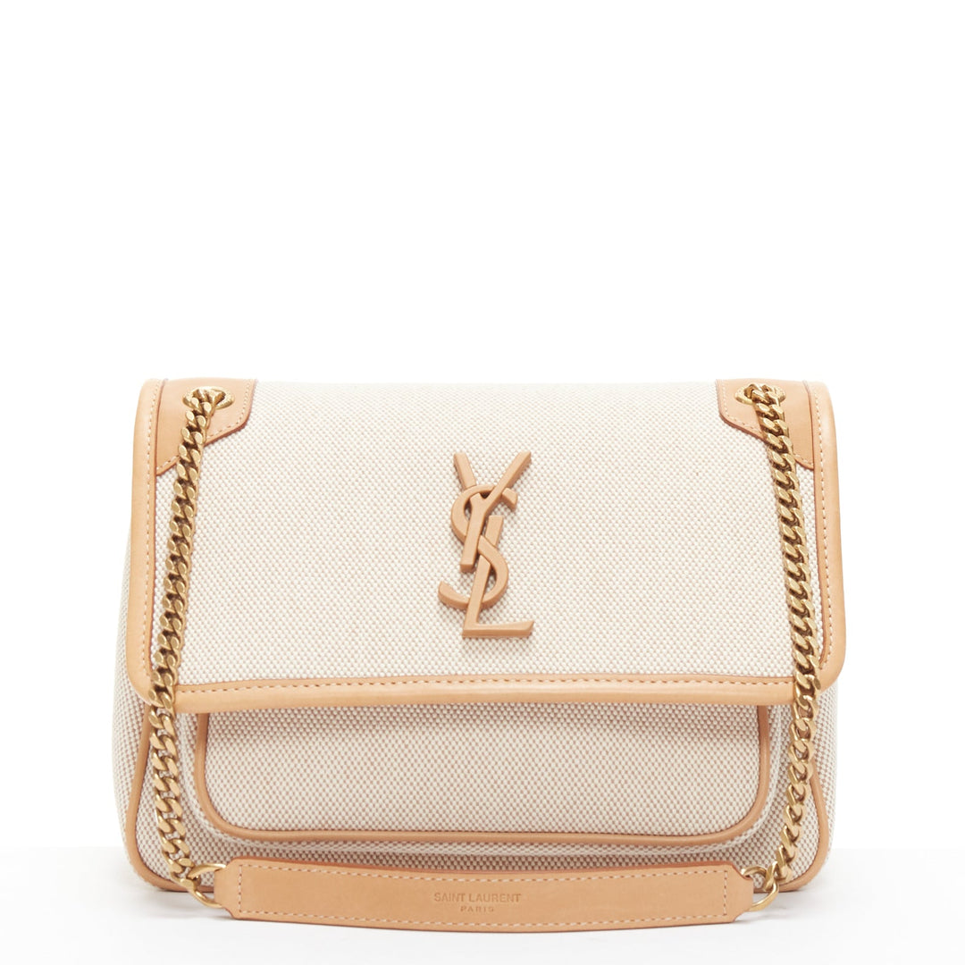 SAINT LAURENT Niki beige canvas brown leather trim logo flap crossbody chain bag
