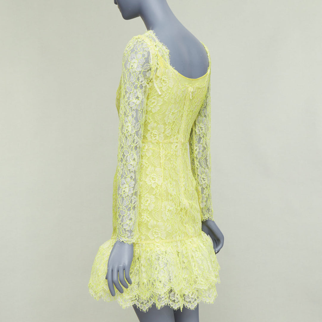 VALENTINO neon yellow cream lace silk lined tulle trim mini dress