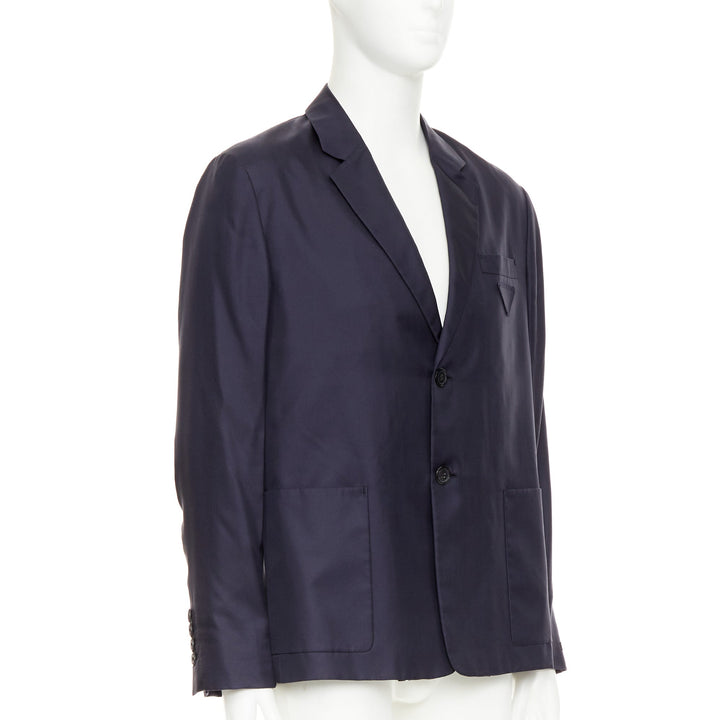 PRADA 2021 100% silk navy tonal triangle patch single breasted blazer IT48 M