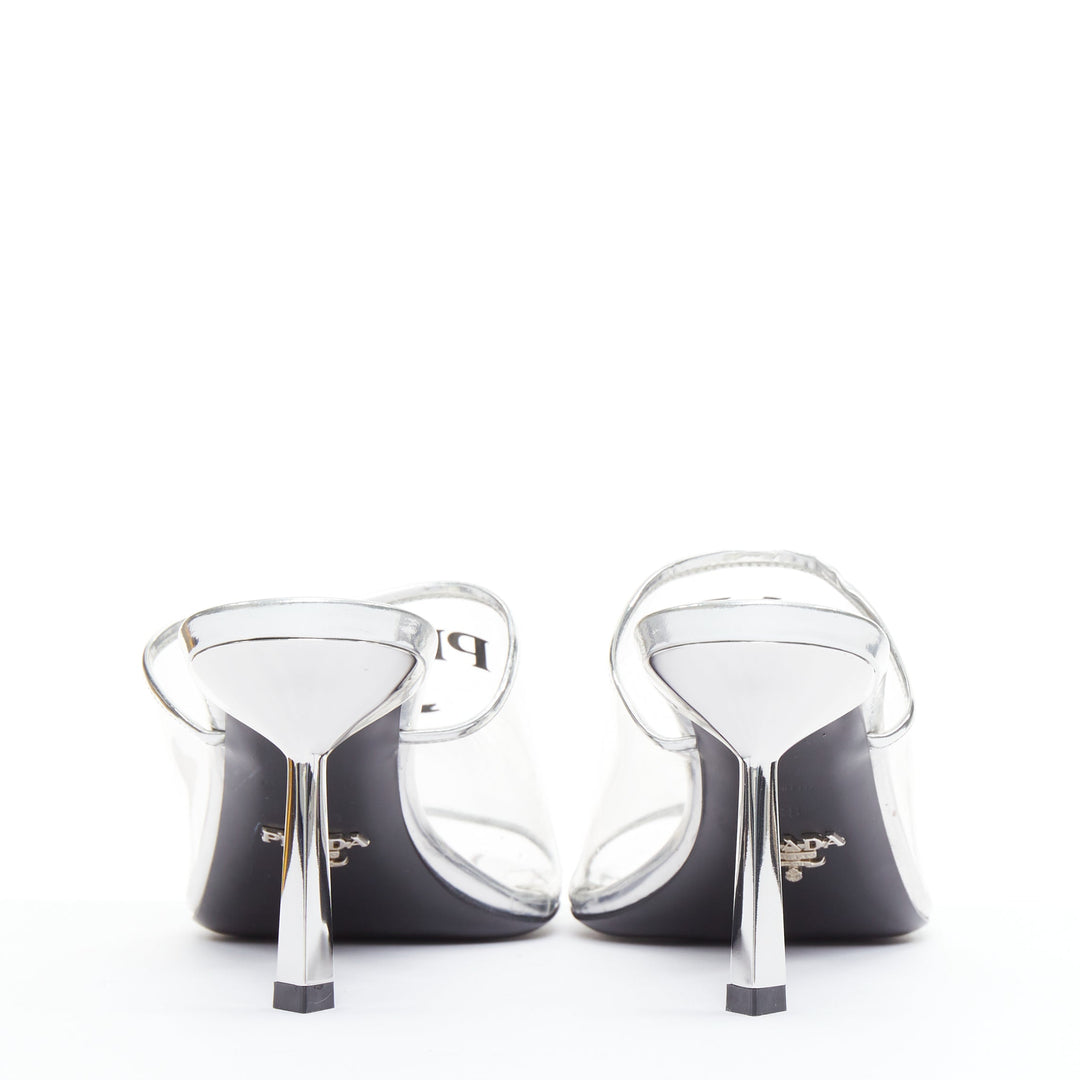 PRADA Plexiglass logo print clear PVC triangle toe mule heels EU37.5