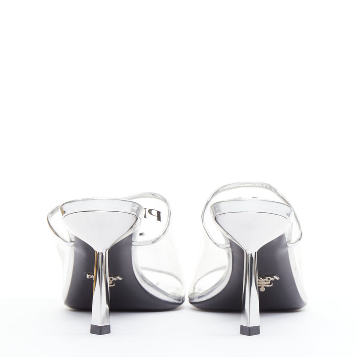 PRADA Plexiglass logo print clear PVC triangle toe mule heels EU37.5