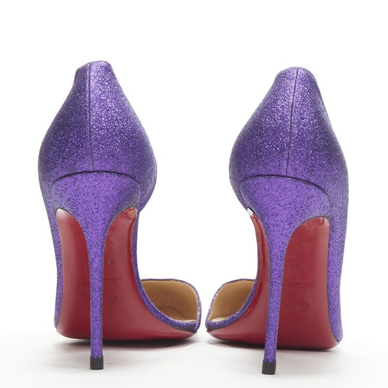 Female mannequin wearing Christian Louboutin Helmour purple glitter Purple Leather Women Heels in Size EU37.5 | Available at JHROP