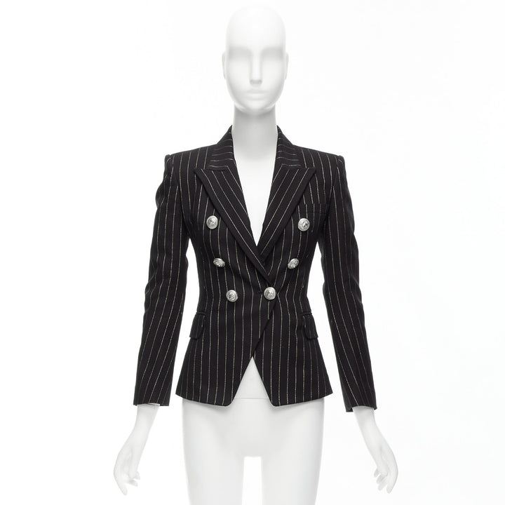 BALMAIN metallic gold striped black cotton blend double breasted blazer FR34 XS