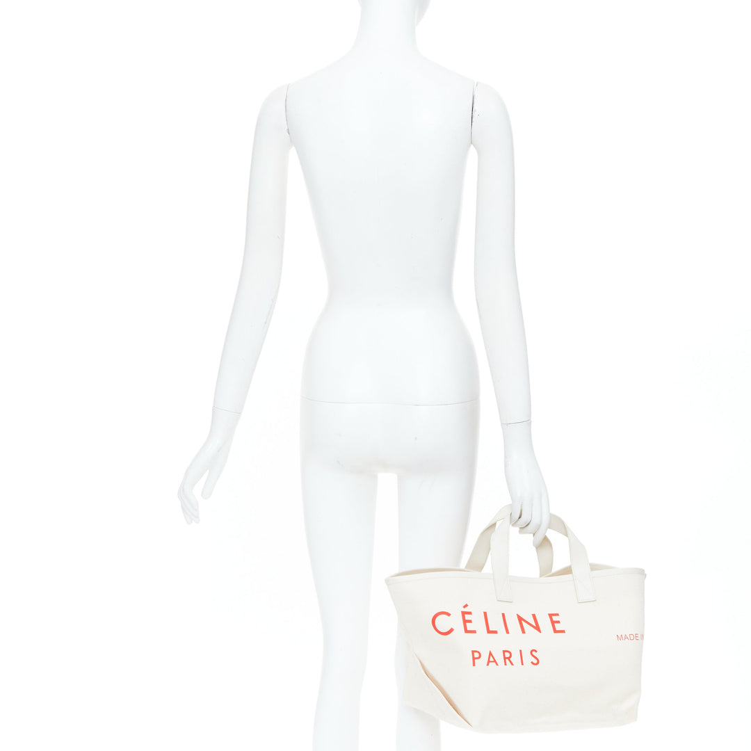 CELINE 2018 Made In white canvas cream leather trim small red logo open tote bag