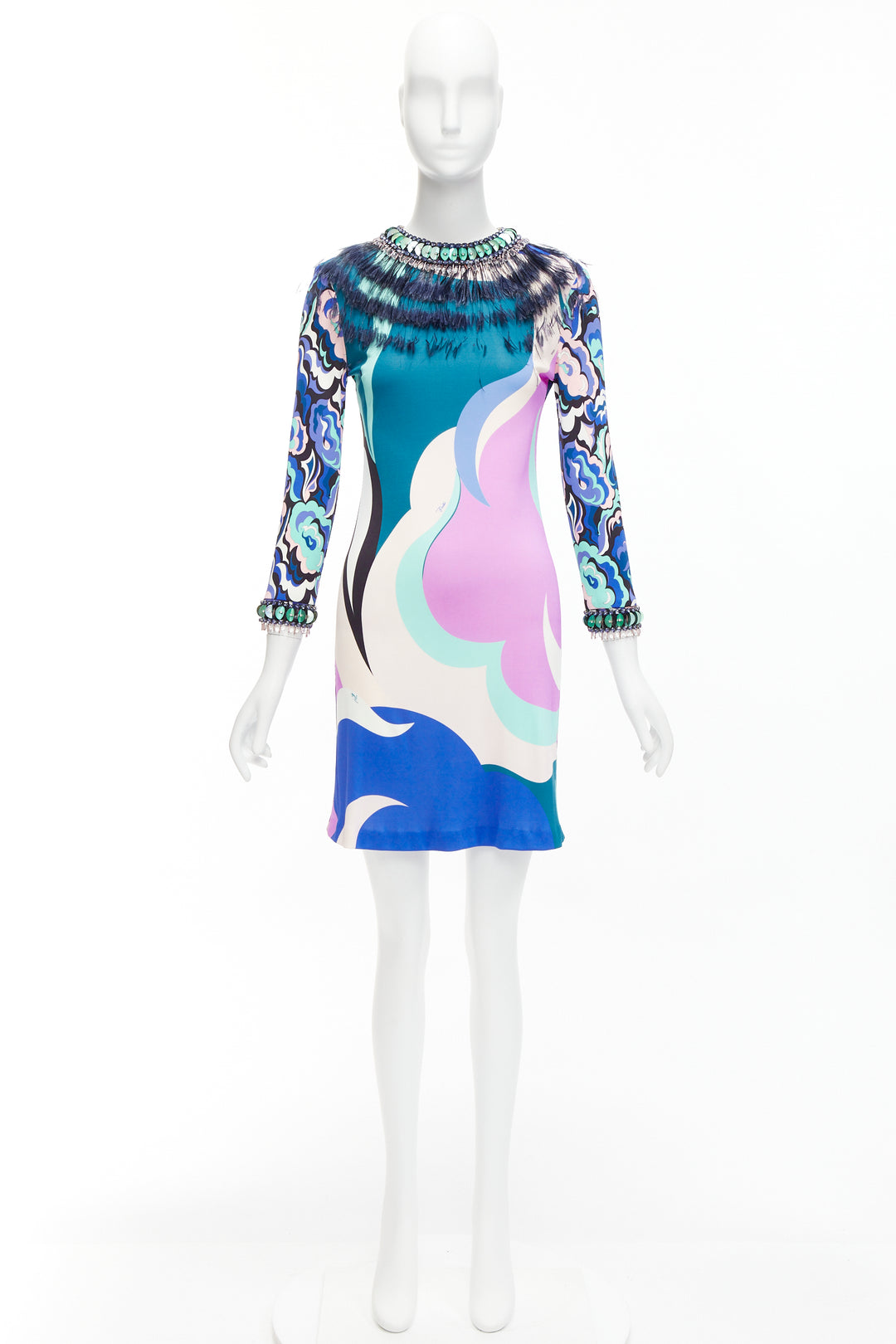 EMILIO PUCCI pink blue ostrich feather collar crystal embellished dress