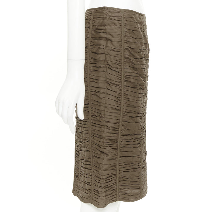 GUCCI 2001 Runway Tom Ford brown 100% silk ruched silk panel pencil skirt IT40 S