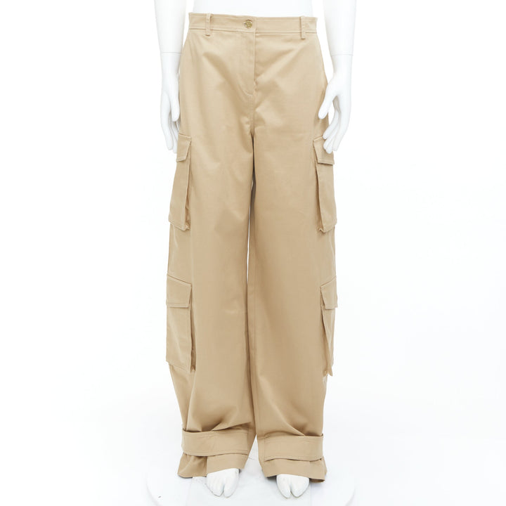 VALENTINO 2023 beige stretch cotton blend gabardine wide leg cargo pants IT46 S