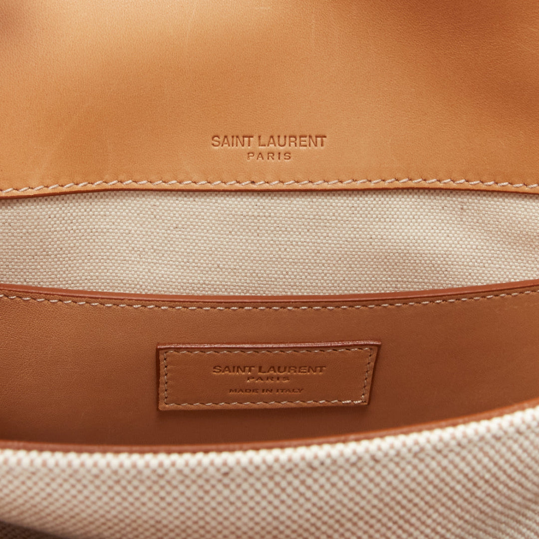SAINT LAURENT Niki beige canvas brown leather trim logo flap crossbody chain bag