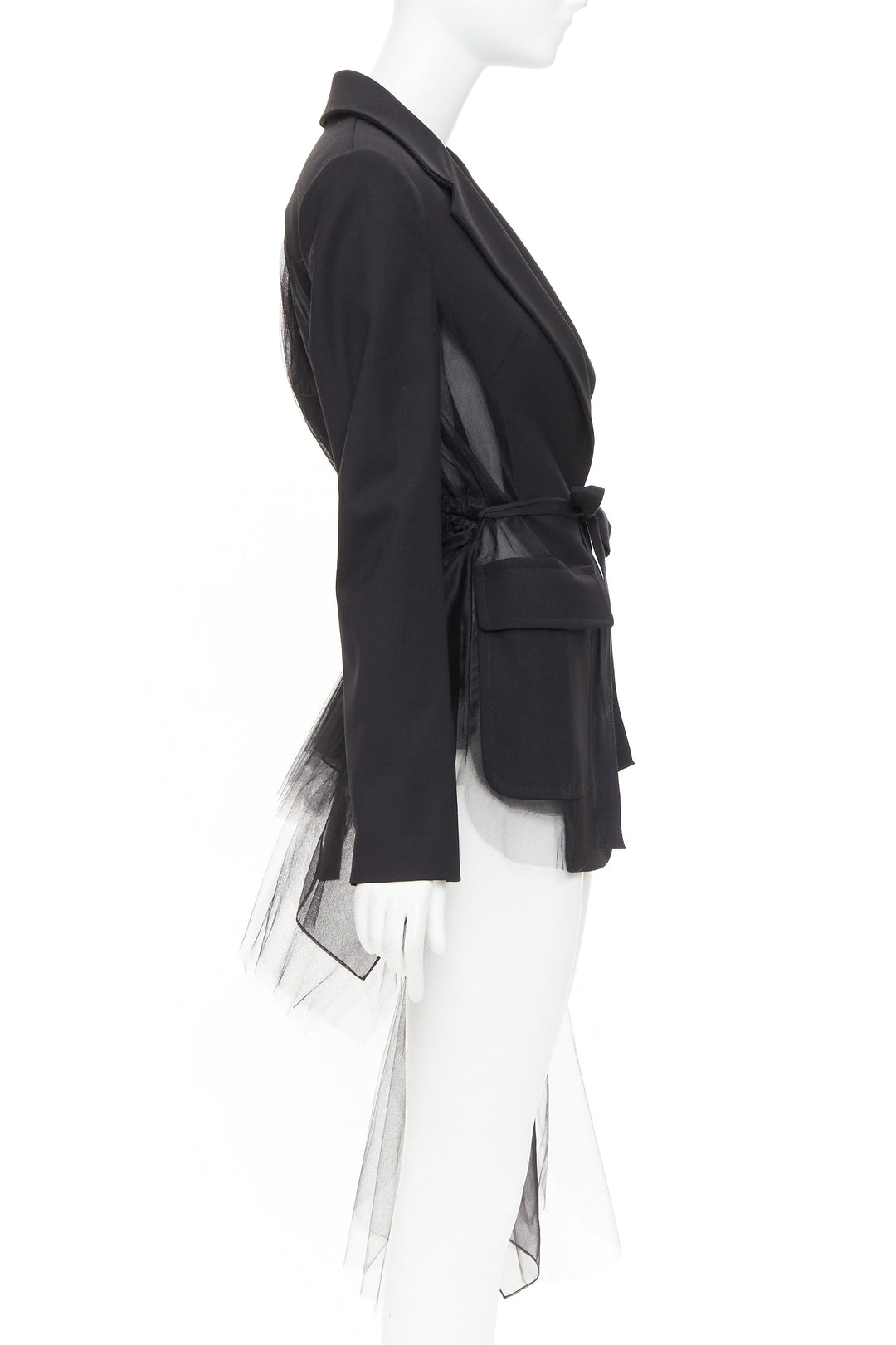 MONSE black virgin wool sheer tulle asymmetric back hybrid blazer jacket US0 XS