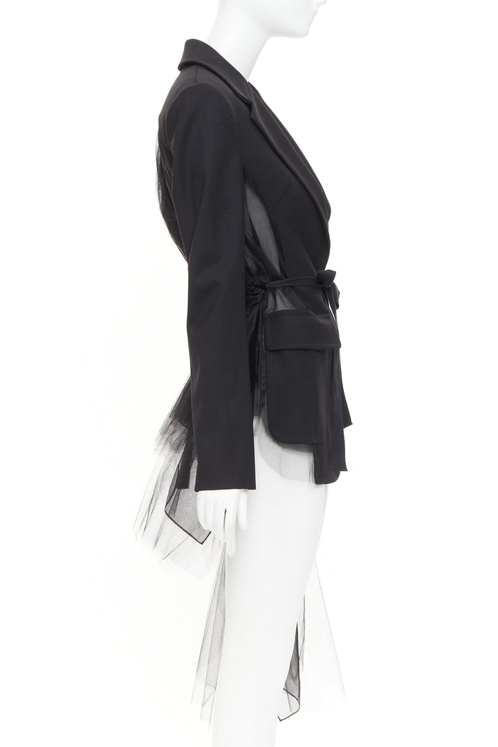 MONSE black virgin wool sheer tulle asymmetric back hybrid blazer jacket US0 XS