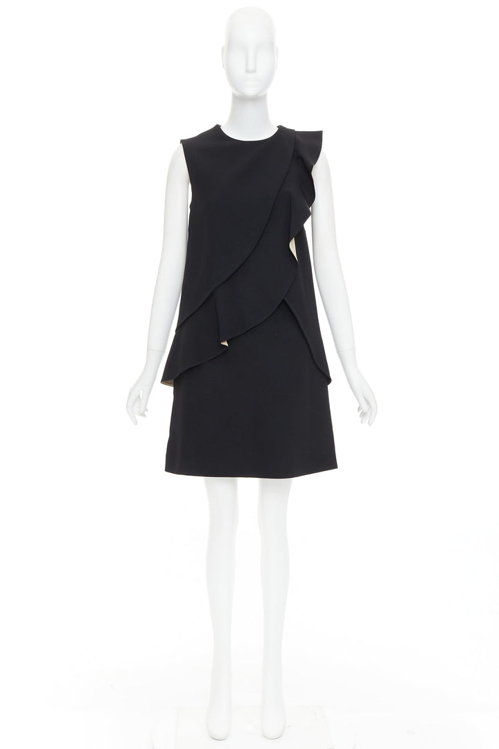 CHLOE black crepe cream silk trim asymmetric ruffle shift dress FR36 S