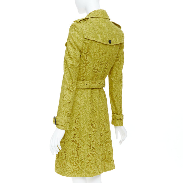 BURBERRY 2013 chartreuse mustard lime macrame lace double breasted trench UK6 XS
