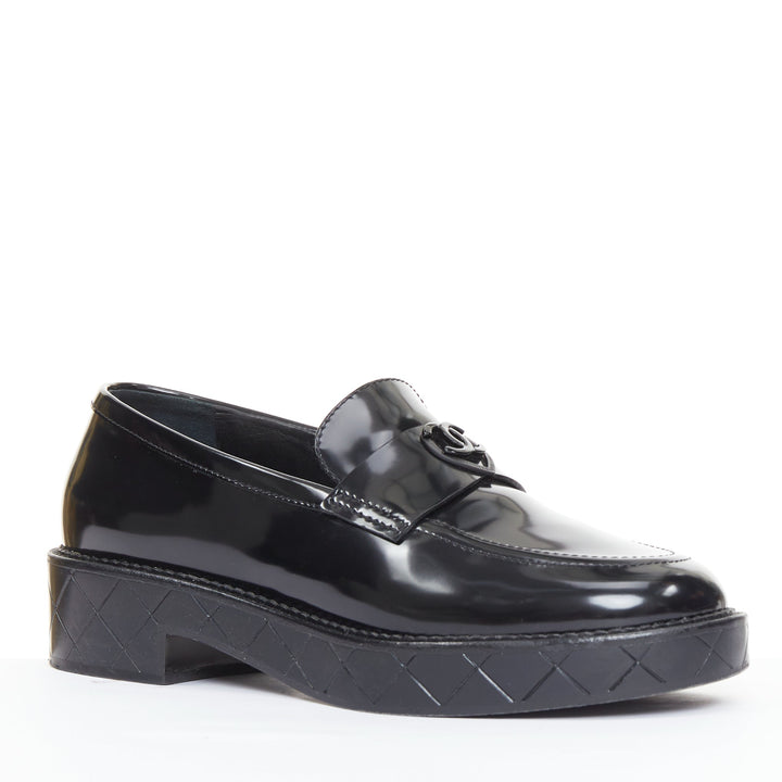 CHANEL 24K Heart CC black  leather quilted platform penny loafers shoes EU39.5