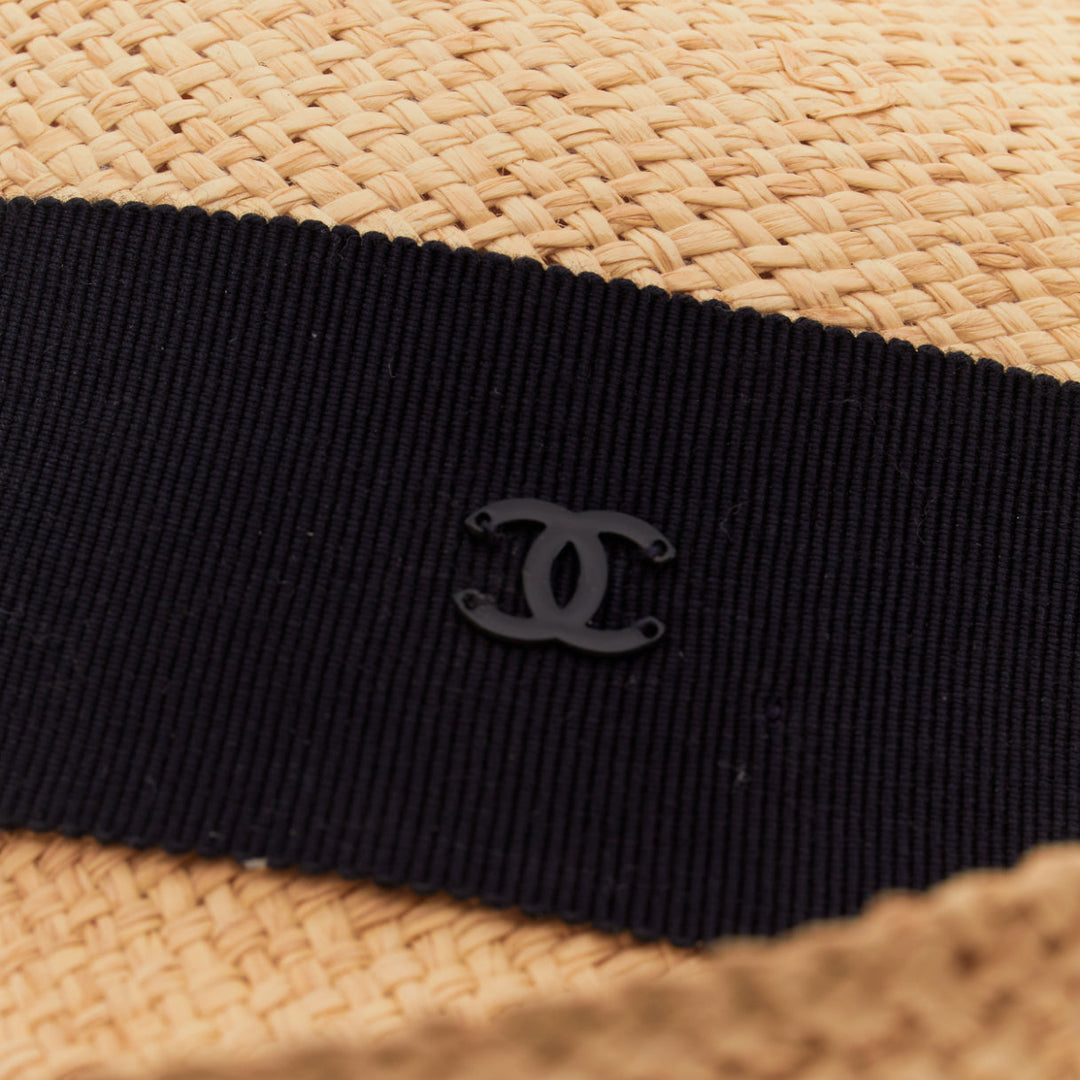 CHANEL beige straw raffia grosgrain ribbon CC logo trilby hat L