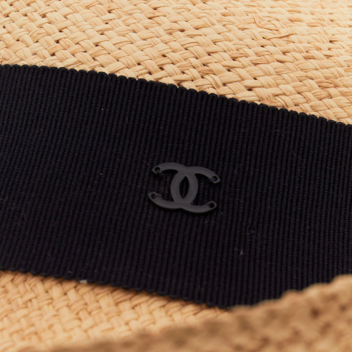 CHANEL beige straw raffia grosgrain ribbon CC logo trilby hat L