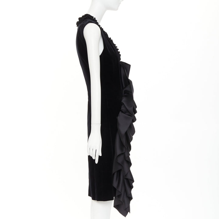 CHRISTOPHER KANE Runway black velvet satin paneled ruffled midi dress UK10 M