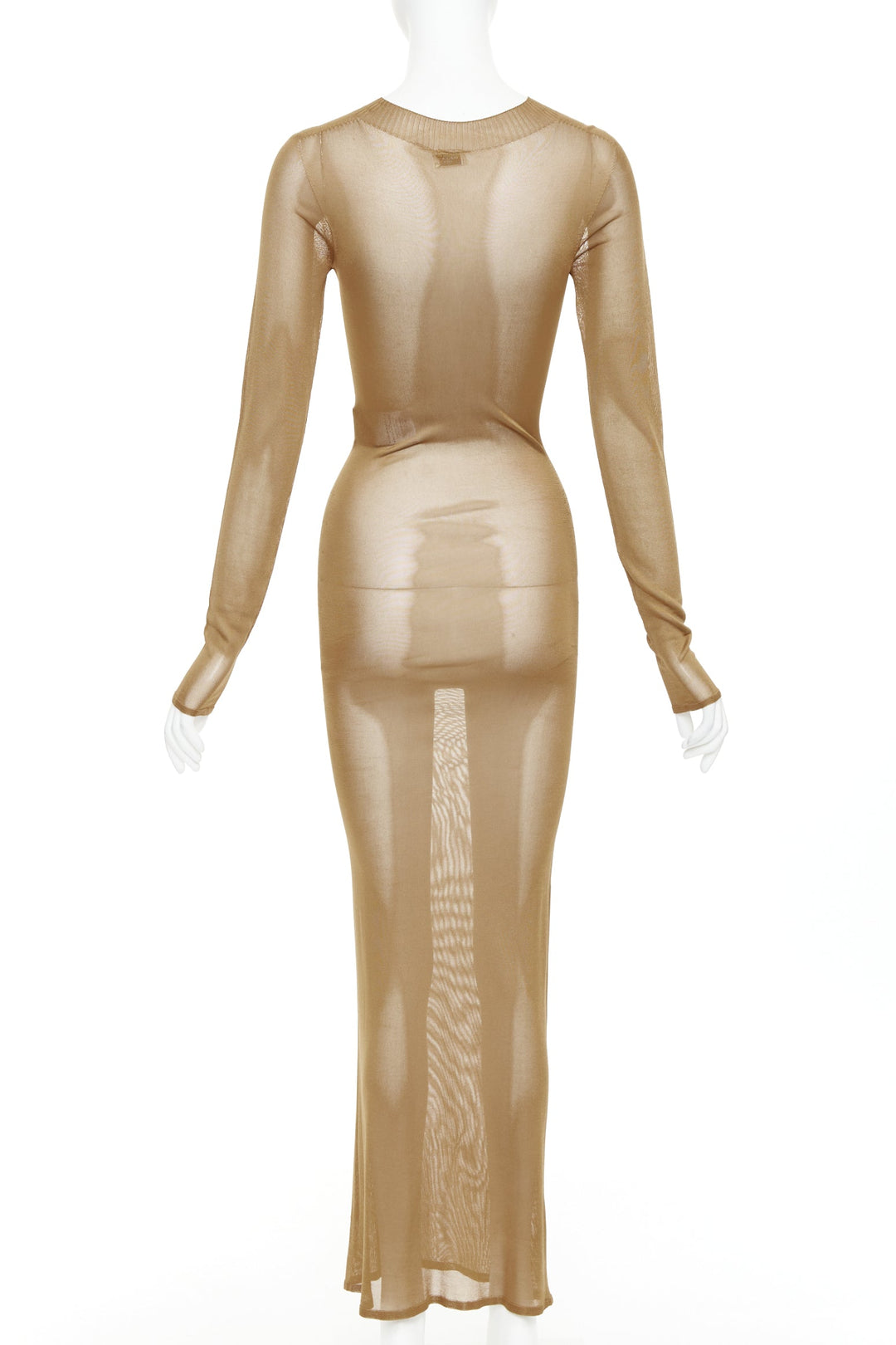 SAINT LAURENT 2023 Runway gold brown high neck fine knit sheer  maxi dress XS