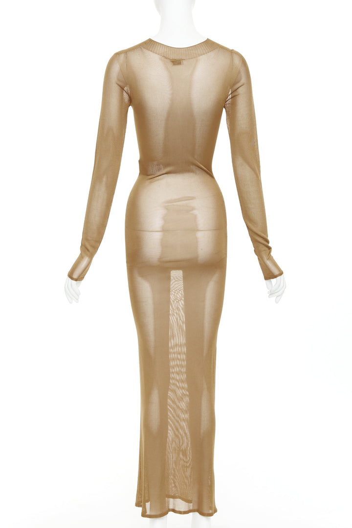 SAINT LAURENT 2023 Runway gold brown high neck fine knit sheer  maxi dress XS