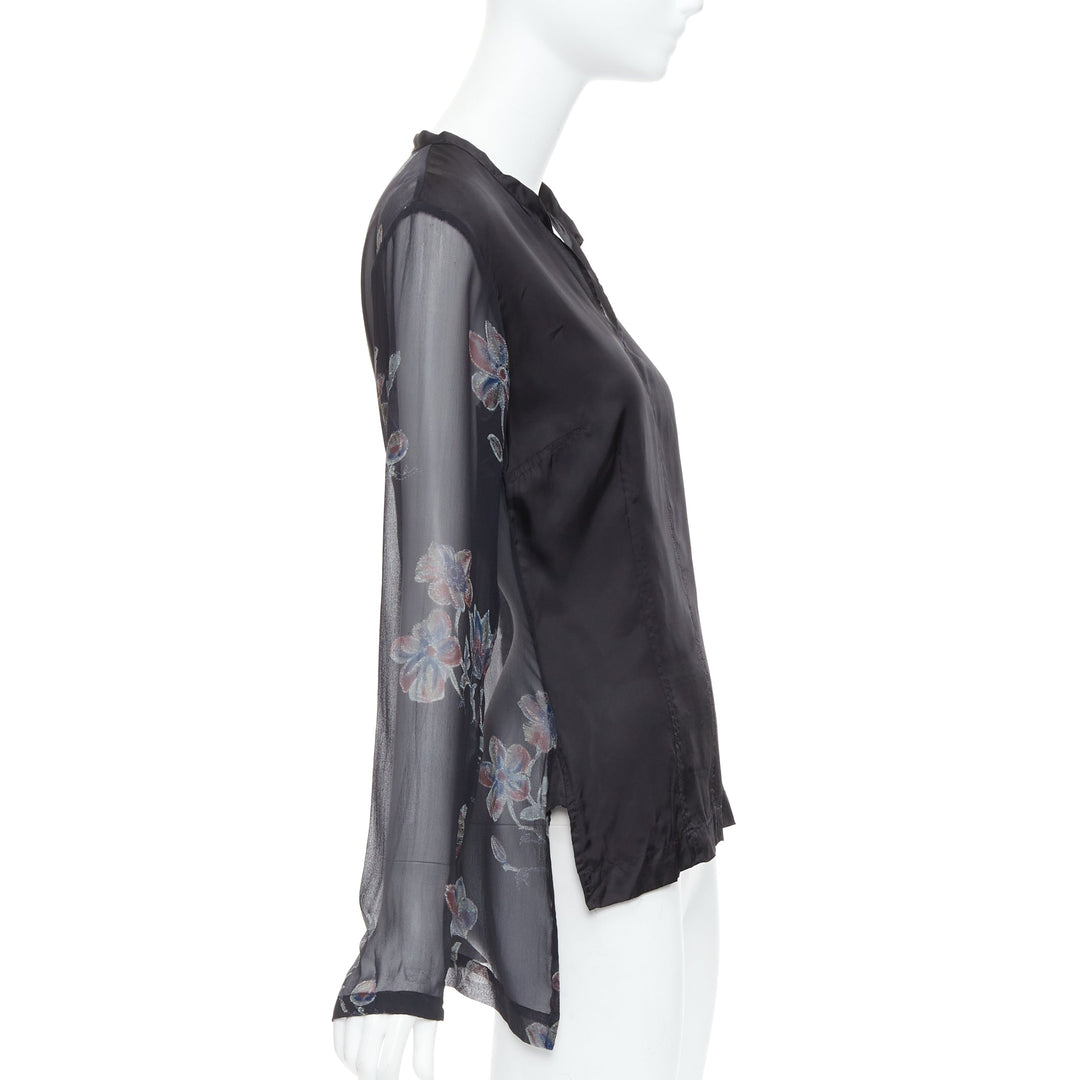 DRIES VAN NOTEN 1990s Vintage 100% silk floral sheer sleeve hi low blouse FR38 M