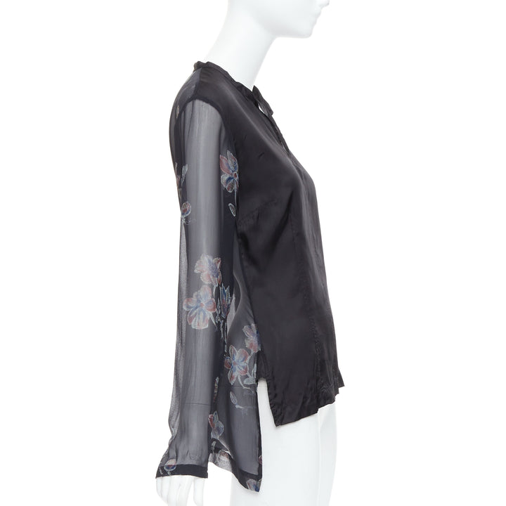 DRIES VAN NOTEN 1990s Vintage 100% silk floral sheer sleeve hi low blouse FR38 M