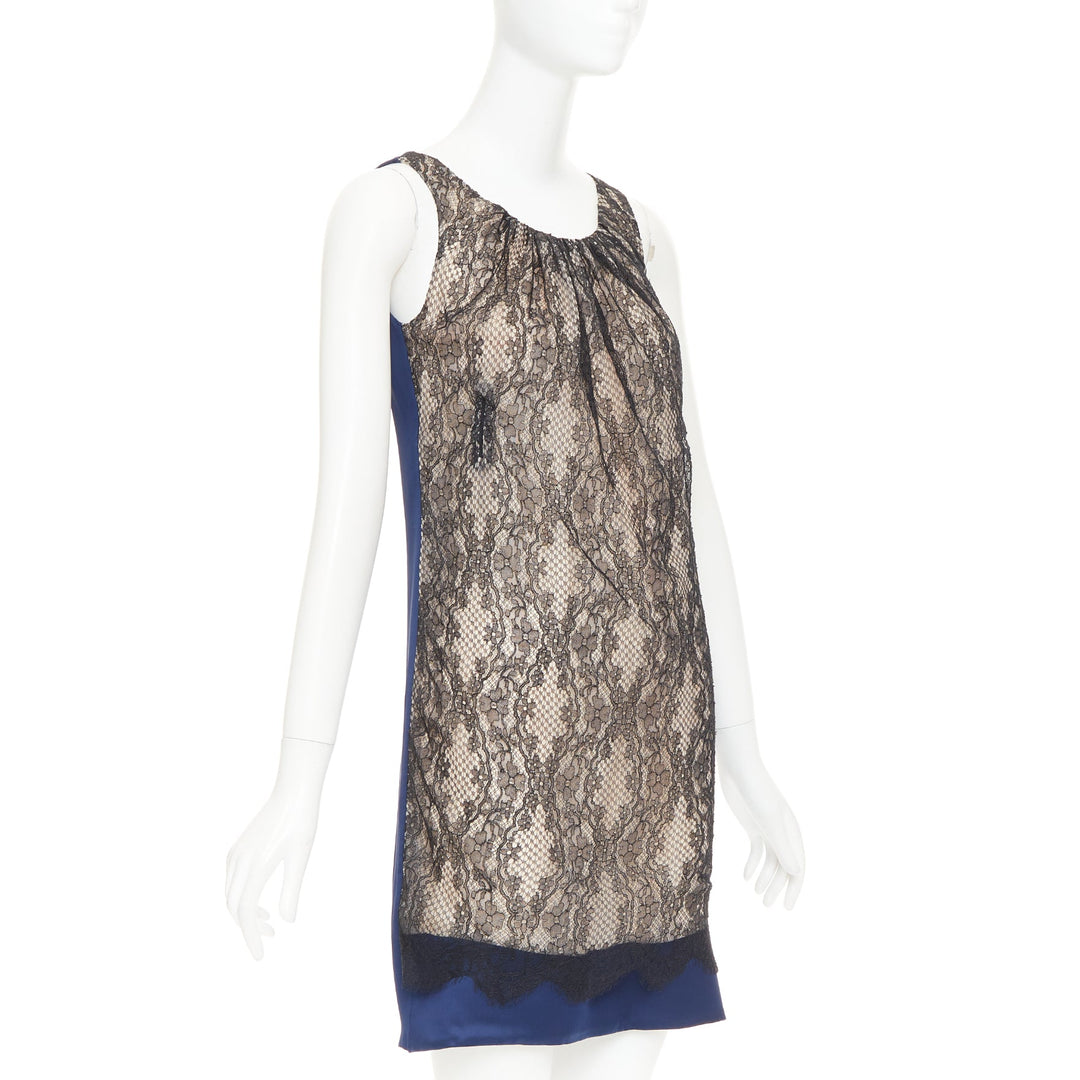VALENTINO 2008 Vintage black lace overlay nude navy satin back mini dress UK6 XS