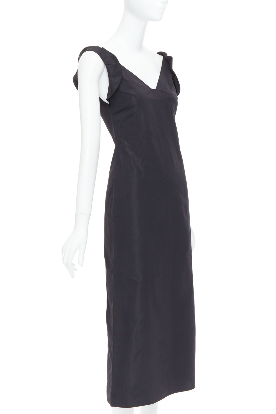 MIU MIU 1990s Vintage black silk blend ruffle strap V back dress IT38 XS