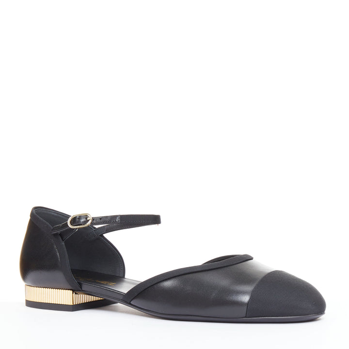 CHANEL 20C black leather grosgrain cap toe gold CC heel mary jane flats EU40