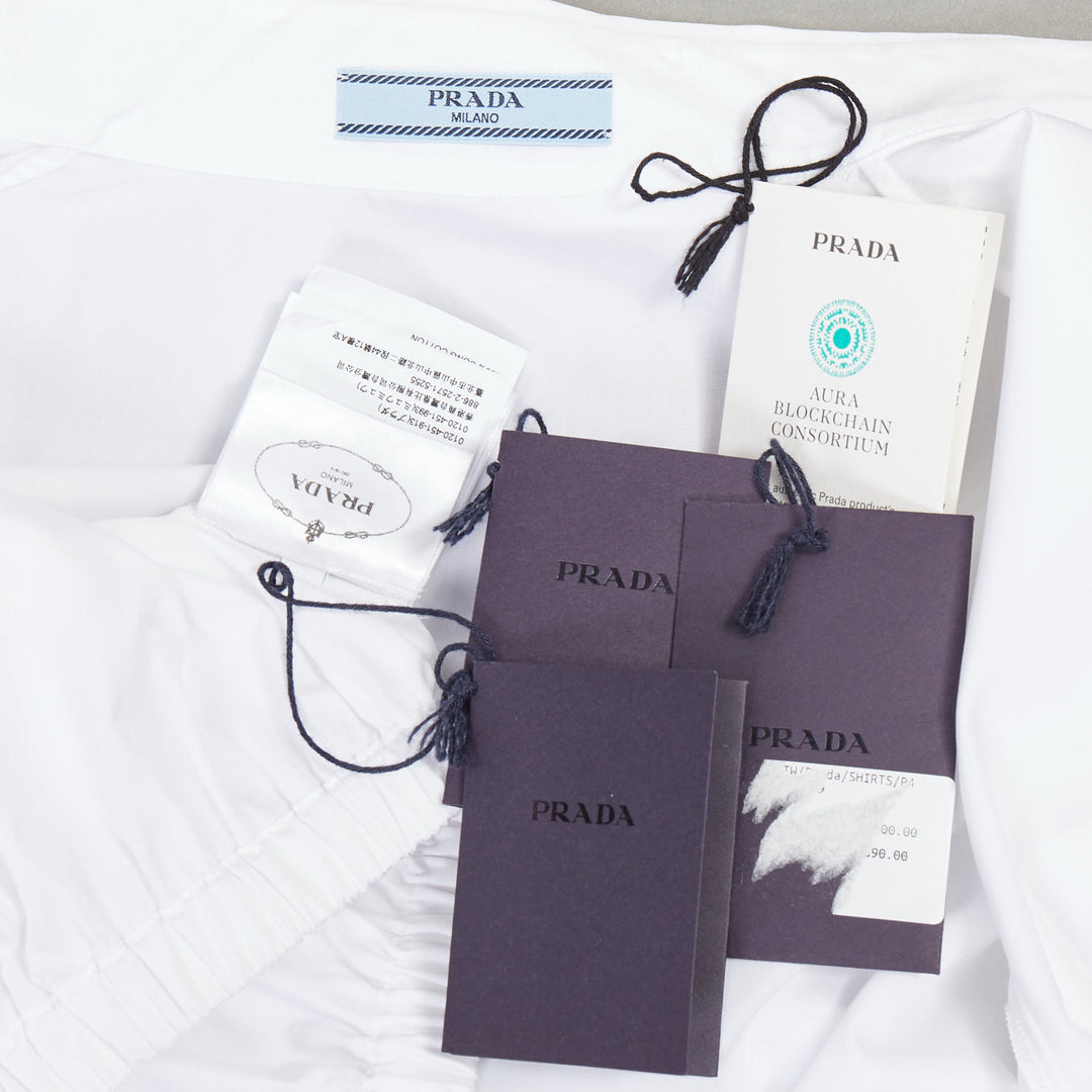 PRADA 2022 white cotton logo embroidered pocket elastic waist crop shirt IT38 XS