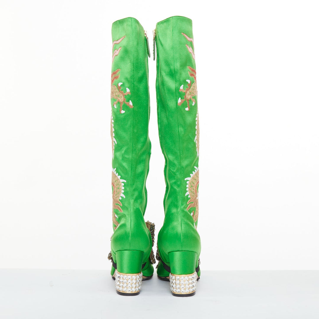rare GUCCI 2017 Runway Caspar green satin dragon embroidered boot heels EU39