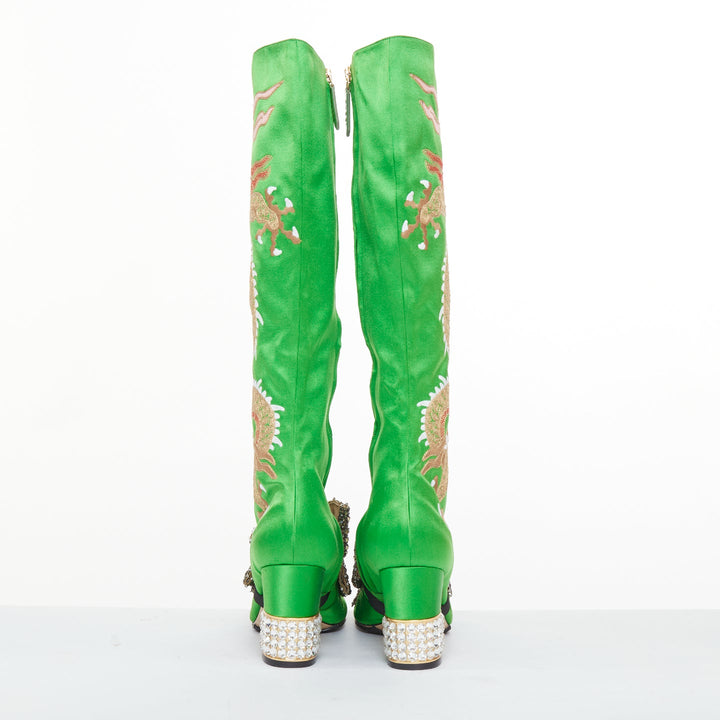 rare GUCCI 2017 Runway Caspar green satin dragon embroidered boot heels EU39