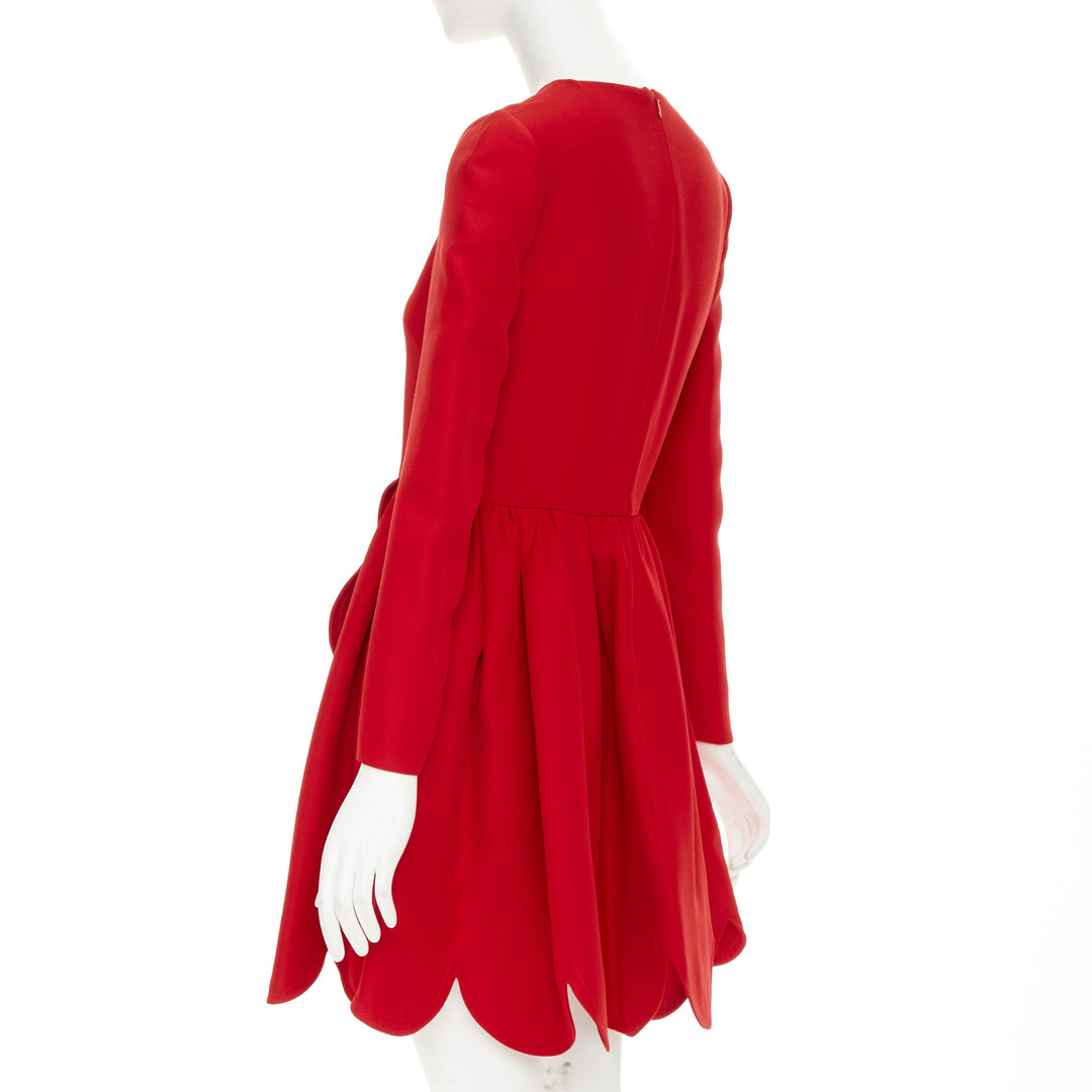 VALENTINO red silk wool crepe scalloped skirt detail flared dress IT40 S