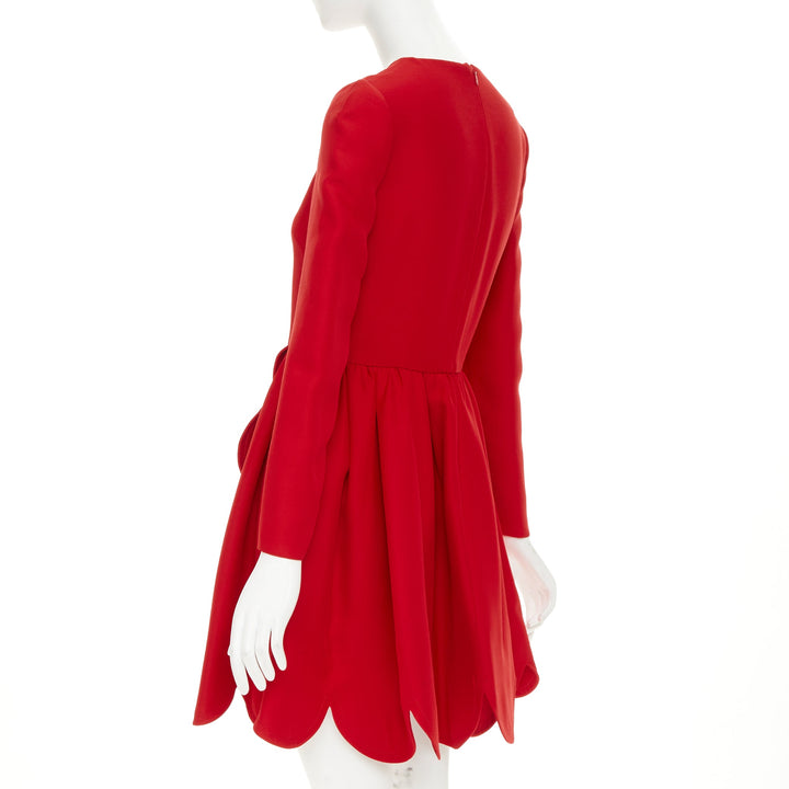 VALENTINO red silk wool crepe scalloped skirt detail flared dress IT40 S