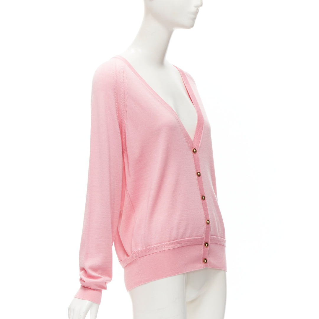 VERSACE 2020 Medusa buttons pink wool cashmere silk cardigan IT42 M