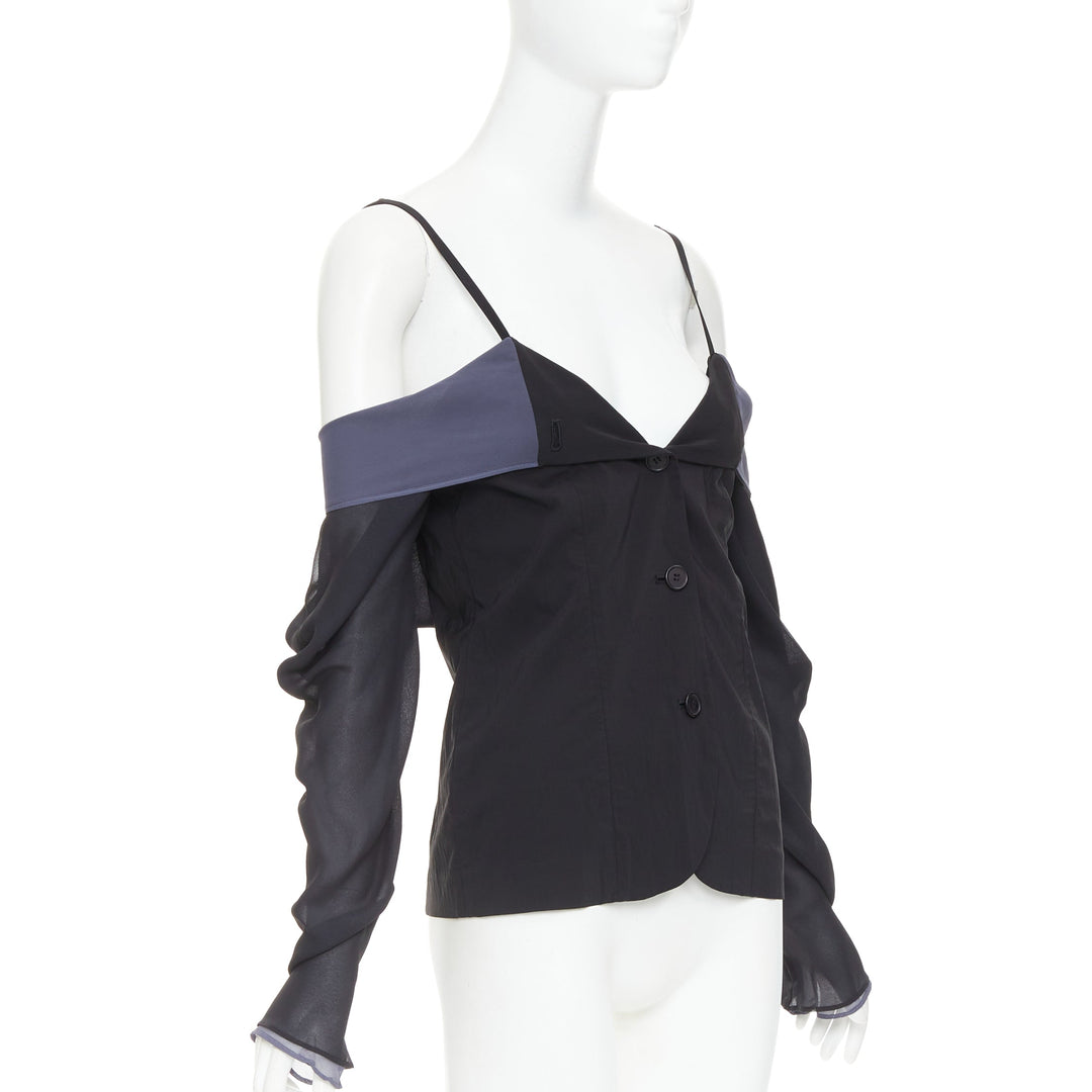 DOLCE GABBANA Vintage black grey cold off shoulder spaghetti button top