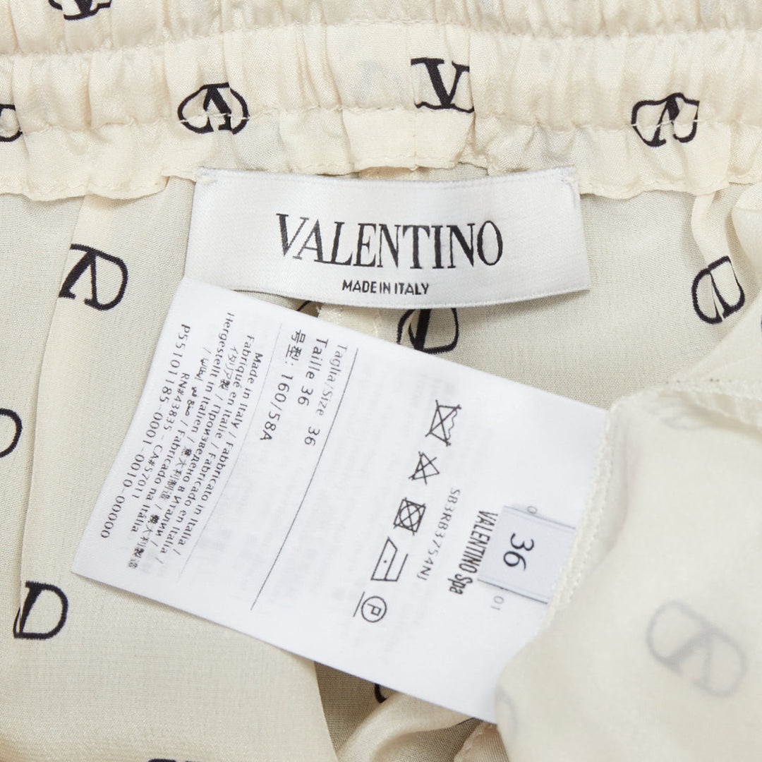 VALENTINO 100% silk cream V logo black trim pajama pants IT36 XXS
