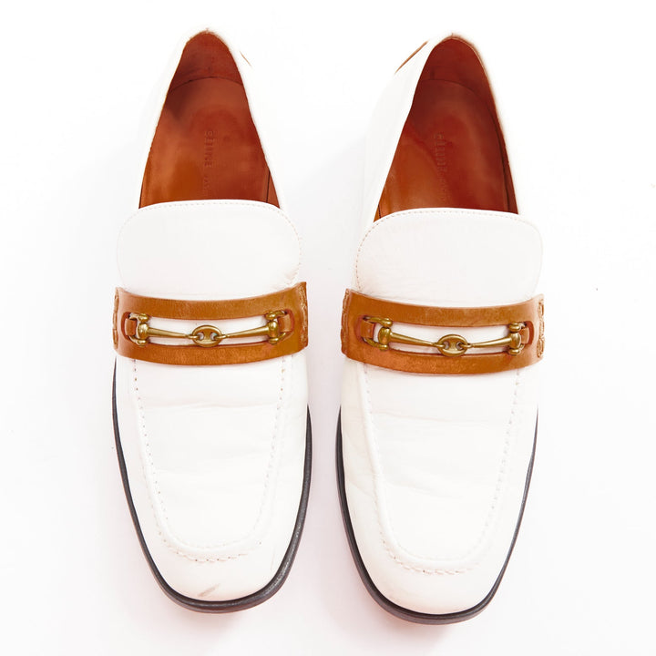 OLD CELINE Phoebe Philo white goat leather brown Triomphe horsebit loafer EU37.5
