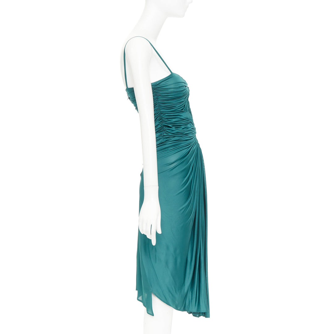 SOPHIA KOKOSALAKI teal green viscose silk grecian drape cut out dress IT38 XS