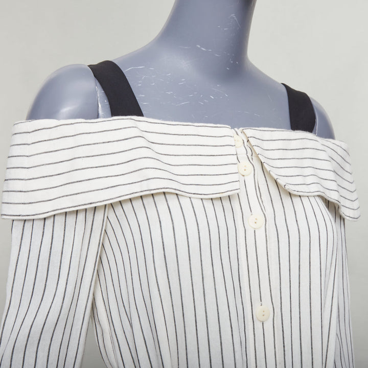 TIBI cream grey pinstriped off shoulder black contrast tie waist dress US4 S