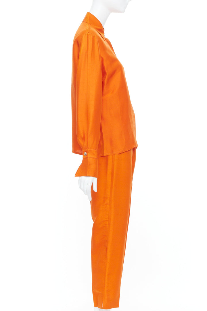 SHANGHAI TANG orange raw silk hidden placket long sleeve shirt trousers set XS